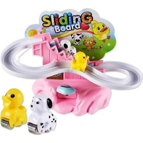 Manual rail car Climb the stairs Small animals Rotating slide duck and dog Assembling toys gift for children kids boys girls