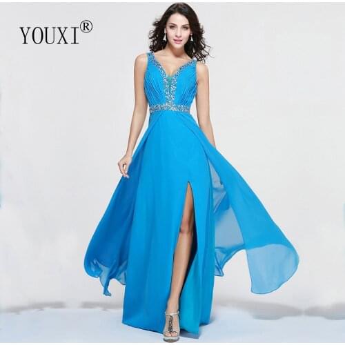 Sexy Blue Prom Dresses 2021 New Arrivals Plunging V-Neck Illusion Split Chiffon Pleated Beaded Vestido de Festa