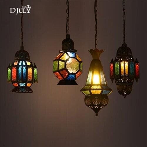 Mediterranean Colored glass retro pendant lights industrial dining room decorative lighting fixtures loft Tiffany hanging lamp