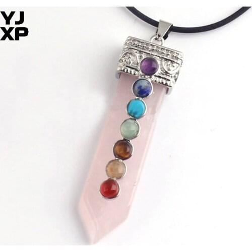 YJXP Classic Silver Plated Sword Shape Natural Rose Pink Quartz with Stone Beads Chakra Pendant Vintage Jewelry
