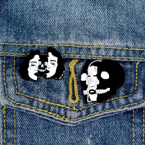 Skull Women Head Enamel Pin Divided Face Badge Brooch Denim Clothes Backpack Horror Punk Jewelry Gift For Friends