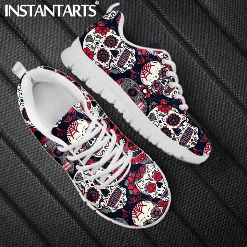 INSTANTARTS Gothic Floral Sugar Skull Pattern Women Flat Shoes Breathable Air Outdoor Casual Sneaker Lace up Femme Loafers Hot