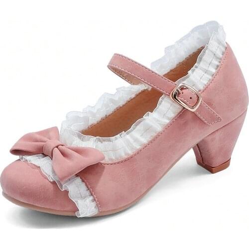 AGODOR 2020 New Women Mary Janes Pumps Lolita Shoes Square High Heel Closed Toe Ladies Pumps Shoes with Lace Bow Size 33-43