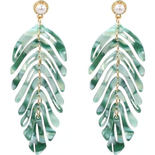Vintage Plant Leaf Acrylic Dangle Earrings for Women ZA Pearl Long Dangle Drop Earings Statement Jewelry Femme Brincos