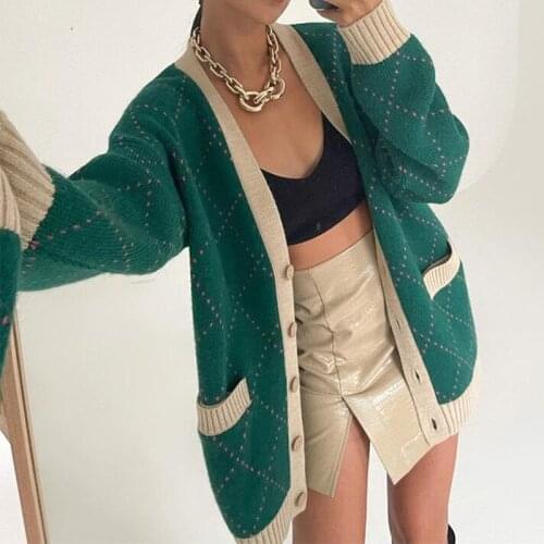 2021 ins street retro diamond pocket wool knitted cardigan women oversized vintage sweater korean fashion Autumn and winter