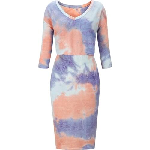 Tie Dye V Neck High Waist Three Quarters Sleeve Pocket Pencil Dress Women Casual Slim Package Hip Streetwear Office Dresses