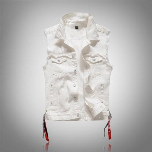 Mens plus size slim locomotive edging white denim vest lapel casual fashion lace up decoration male sleeveless jacket waistcoat