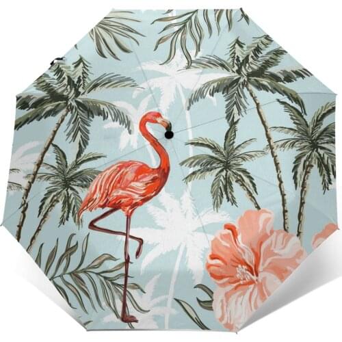 Wind Resistant Folding Automatic Umbrella Women Auto Coconut Palm Trees Flamingo Hibiscus Windproof Rain For Men Parasol