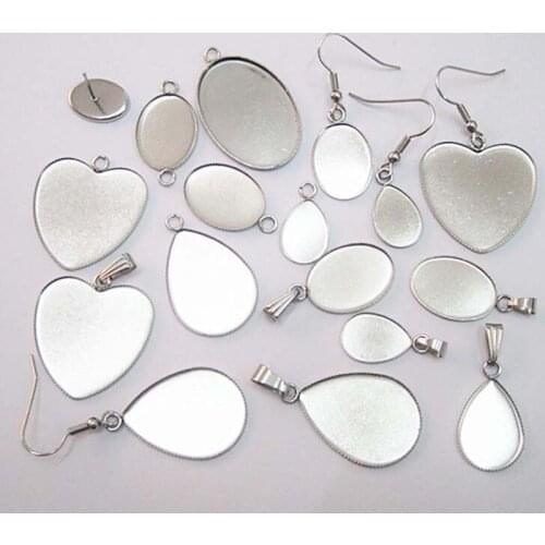10pcs Stainless Steel Blank Bezel Tray Cabochon Bezel Heart Oval Water Drop Shape Earring Pendant Cameo for DIY Jewelry Craft