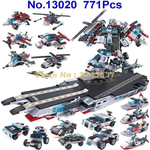 13020 771pcs 8in1 Military Fighter Car Helicopter Ship Robot Aircraft Carrier Cogo Building Blocks Toy