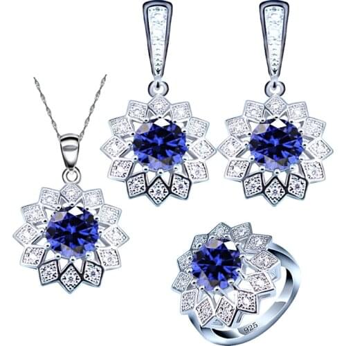 2020 Blue Sapphire 925 Silver Jewelry Set for Women Earrings Ring Necklace Pendant Jewelry Box