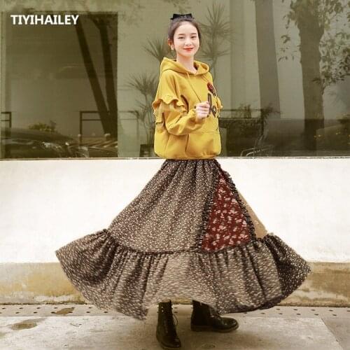 Free Shipping Boshow 2021 New Flower Print Long Maxi Cotton Autumn Spring Skirt For Women Floral Skirts Elastic Waist Patchwork