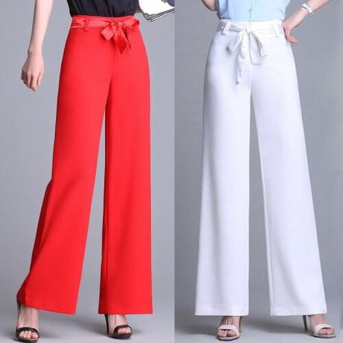 Spring Summer Office Lay Womens High Waisted Bow Lace Up Wide Leg White Black Pants , 2019 Fall Red Grey Trousers For Women
