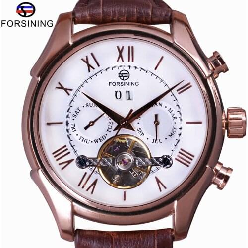 Forsining Royal Classic Rose Gold Case Brown Leather Strap Calendar Tourbillion Men Automatic Watch Top Brand Luxury Wrist Watch