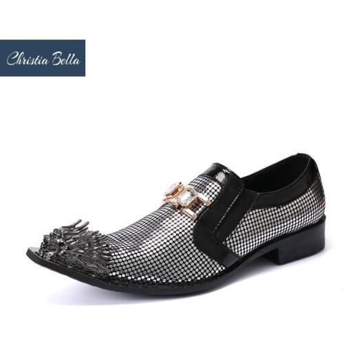 Christia Bella Designer Silver Sequins Men Dress Shoes Pointed Toe Wedding Party Formal Shoes Business Real Leather Brogue Shoes