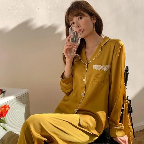 Elegant satins ice silk pajamas sets women sleepwear fashion Korea sexy lace silk Long sleeve pyjamas women sleepwear pijamas