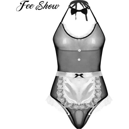 Gay Men Sissy Maid Halter Backless Lace Trim See-Through Mesh Lingerie Suit Man Erotic Bodysuit Role Play Apron Costumes Outfits
