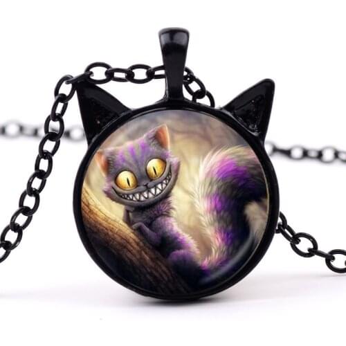Best Selling Anime Surrounding Alice In Wonderland Cheshire Cat Ear Convex Round Glass Pendant Necklace Cartoon Jewelry Gift