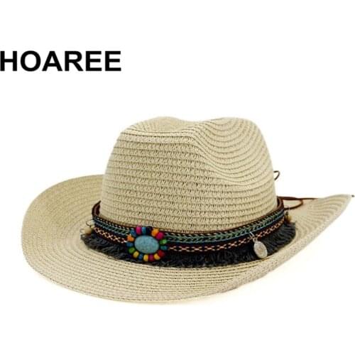HOAREE Cowgirl Cowboy-Hat Sombreros Western Cap Wome New-Straw Jazz Ethnic Style Beige Summer Beach Straw Sun Hats