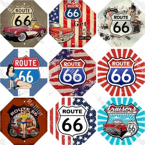 Octagon Highway Route 66 Plaque Vintage Girl Poster Home Garage Wall Decoration Metal Tin Signs Art Print Iron Plates