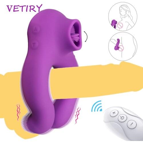 Cock Ring Vibrator Tongue Licking Sucking Penis Clitoral Stimulation 7 Speeds Couple Vibrator Rings for Penis Sex Toys for Man