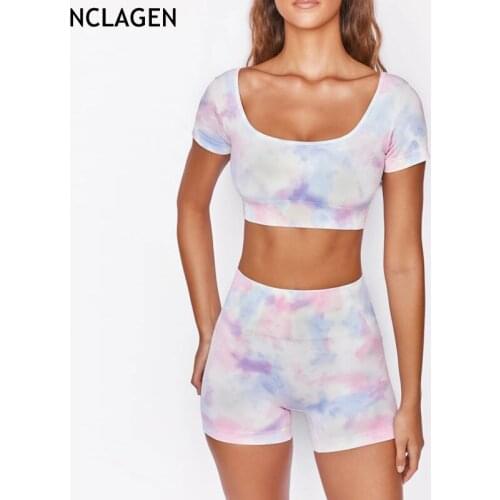 NCLAGEN Yoga Set Gym Women Sportwear 2 Piece Digital Printed Sport Outfit Crop Top Short Sleeve Short Sexy Workout Fitness Suit