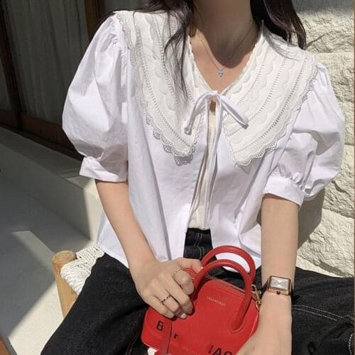 Korean Woman Blouse Summer with Bow Casual Tops Lace Stitched Puff Sleeve White Blouses and Shirts Women Chic Loose Female 13807