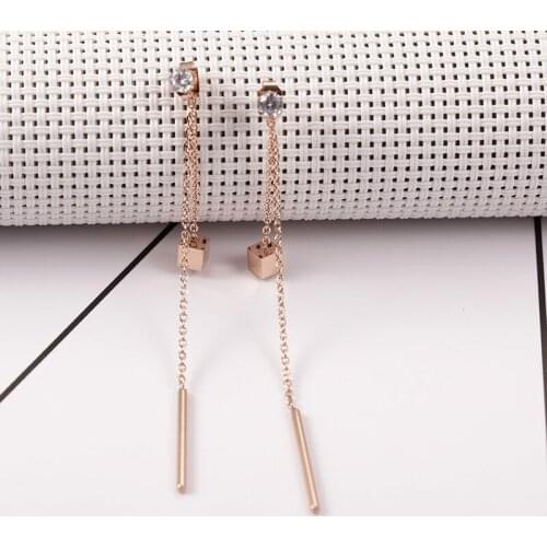 Stainless Steel Multi-layer Tassel Earrings Rose Gold Color Square Chains Round Bar Long Earring brincos para as mulheres
