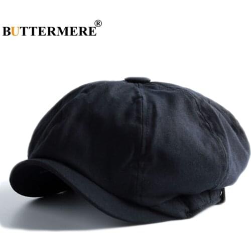 BUTTERMERE Mens Linen Flat Caps Black Newsboy Hats Male Spring Autumn Solid Octagonal Cap Duckbill Casual Painter Hats and Caps