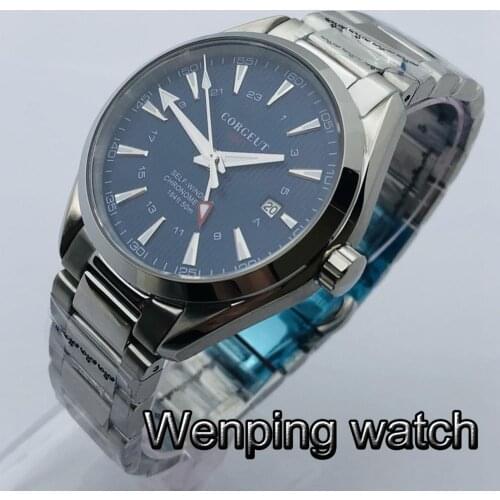 Corgeut 41mm Mens Luxury GMT Mechanical Watch Silver Stainless Steel Case Sapphire Glass Blue Dial Date Luminous Automatic Watch