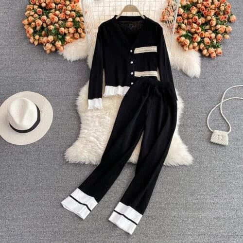 Autumn Black Knitted Suit Womens Long Sleeve Ruffles Cardigan Sweater Tops + Elastic Waist Wide Leg Pants Knitting 2 Piece Set