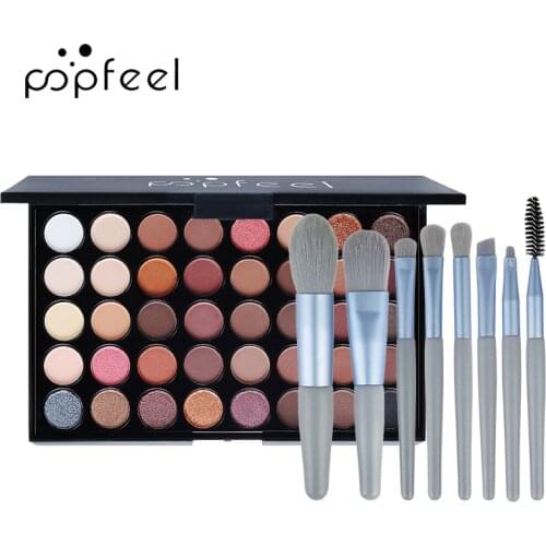 POPFEEL Natural 40 Colors--Professional Warm Matte Shimmer Glitter Pigment Eye Shadow Palete with 8PCS Makeup Brush Set