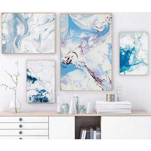 Simple Abstract Watercolor Blue Marble Striped Canvas Painting Art Print Poster Picture Living Room Office Modern Home Decor