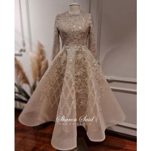 Champagne Long Sleeve Muslim Evening Dresses 2021 Luxury Dubai Short Midi Prom Formal Dress for Women Wedding Party Gowns Arabic