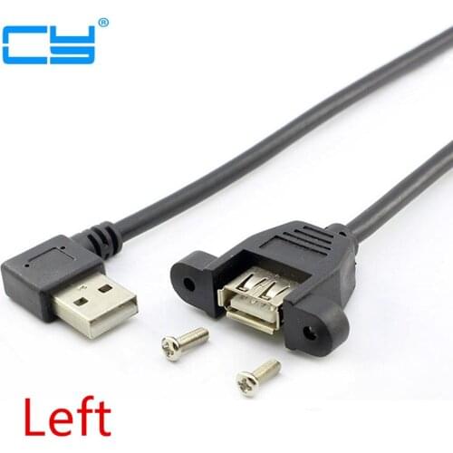 Angulo de 90 graus Left USB 2.0 tipo A Macho para Femea cabo de extensao com parafuso para Montagem Em Painel frete grtis 25cm