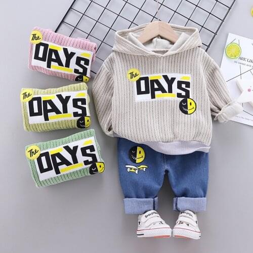 Spring Autumn New Baby Girl Clothes Sets Toddler Boys Letter Knitted Hoodie+ Denim Pants Fashion Smiley Face Print Kids Suits