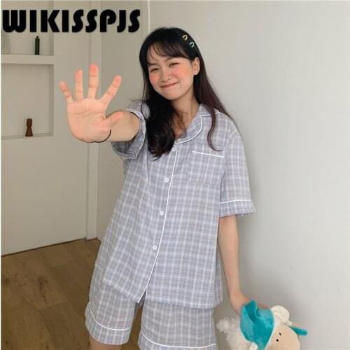 WIKISSPJS Summer Short Sleeve Simple Lattice Pattern Casual Pair Lovely Pajamas Womens Home Wear Suit Two Piece Set Summer