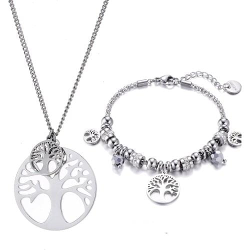 Stainless Steel Jewellery Tree of Life Pendant Necklace Bracelet Fashion Jewelry Sets For Women Wedding Party Gift 2019