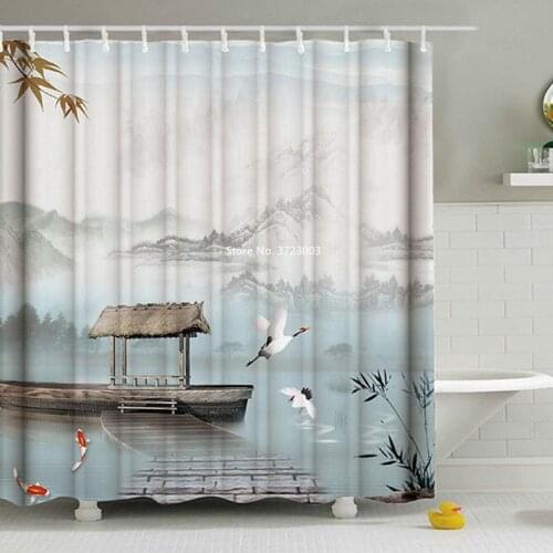 Creative Ink and Landscape Painting Printing Shower Curtain for Adult Bathroom Decoration Waterproof Shower Curtain