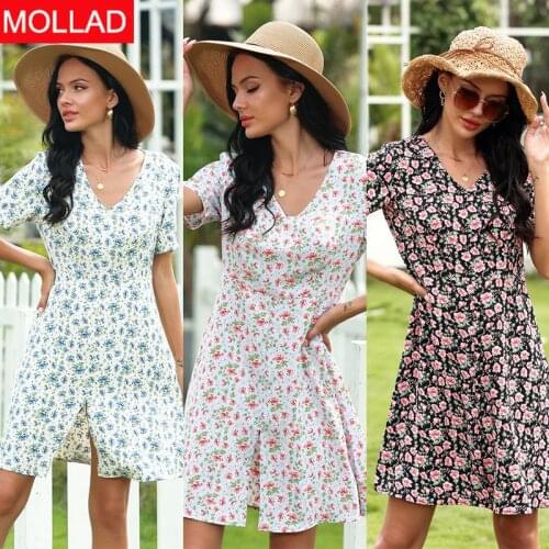 Cross-Border European and American Womens Clothing Fashion V-neck Split Cute Floral Dress Loose Casual Skirt Women