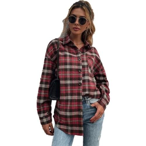 Autumn Women Vintage Loose Red Plaid Casual Shirts Female Turn-down Collar Long Sleeve Blouse With Button Outwear Clothing