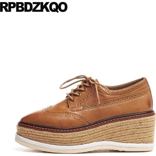 Square toe wedge women medium heels lace up european pumps brogue high quality brown genuine leather platform shoes fashion 2019