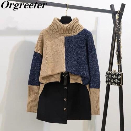 Newest Color Block Turtleneck Loose Sweater and Woolen Mini Skirt 2 Piece Sets Women Fall Winter New Warm Thick Tops Skirt Suits