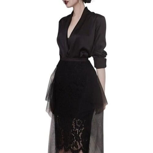 Runway Women 2 Piece Set Dress Spring Black Sexy Deep V Neck Blazer Long Coat +Fashion Irregular Lace Patchwork Mesh Skirt Suits