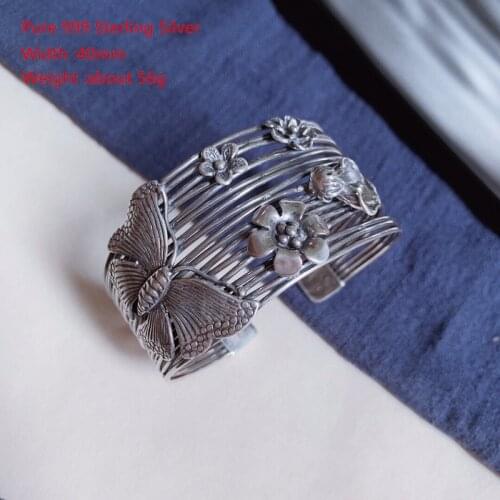 Buyee Super Width Bangle Women Retro Butterfly & Small Flower Pure 925 Sterling Silver Open Bangle Women Luxury Classic Jewelry