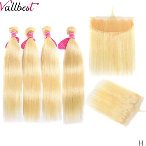 Vallbest 613 Bundles With Frontal Peruvian Straight Hair 3 Bundles With Closure Remy Blonde Human Hair Bundles With Frontal