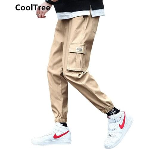 CoolTree Men Cargo Pants Spring Autumn Solid color Multi-pocket Casual Trousers Male Comfortable Loose Tie feet Pants Streetwear