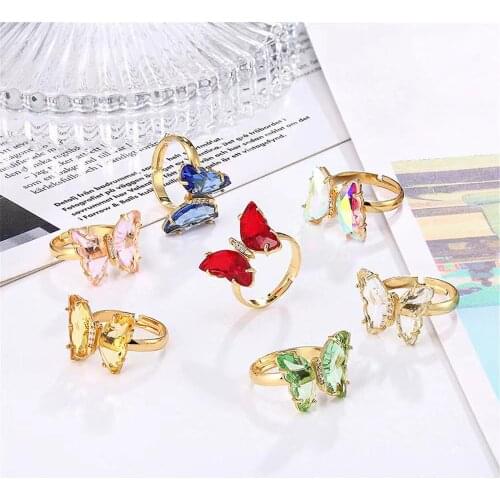 European and American crossborder explosive butterfly ring opening glass crystal copper inlaid zircon electroplated real gold