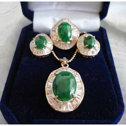 Emerald Green Jade Cubic Zirconia Pendant Necklace Earrings Ring Set