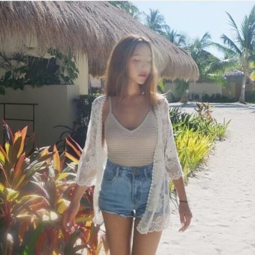 Lace Shirt Mesh Rose Sun-Proof Clothing Beach Long Airable Shirt Three Quarter Sleeve White Blouse